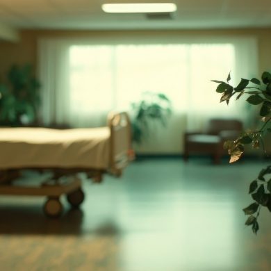 A hospital room features a medical bed with white sheets and a heart monitor displaying green lines. Soft, diffused light filters through the large windows. A potted plant is positioned in the foreground, adding a touch of life to the clinical setting. The room's interior, with its wood accents and neutral tones, is captured in a medium shot with a shallow depth of field. The scene suggests themes of healthcare, recovery, and the environment of a medical facility. This image could be used for illustrating health, wellness or institutional care.