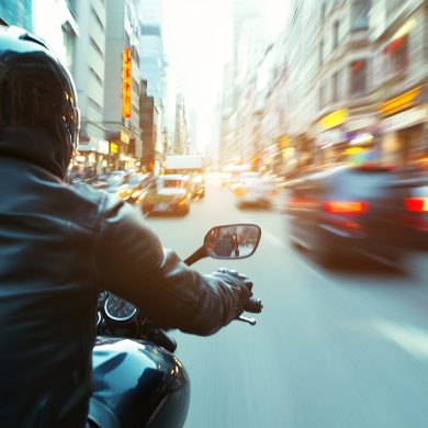 A motorcyclist rides along an urban street. The person wears a dark jacket and helmet. Cars and buildings are blurred due to the speed, conveying a sense of motion. Sunlight streams through buildings. The composition has a dynamic perspective. Shot in daylight, the image evokes energy and urban lifestyle. Suited for advertising transportation, city exploration, or outdoor activities, it can be used in travel blogs or motorcycle gear promotions. The subjects viewpoint offers a unique perspective.